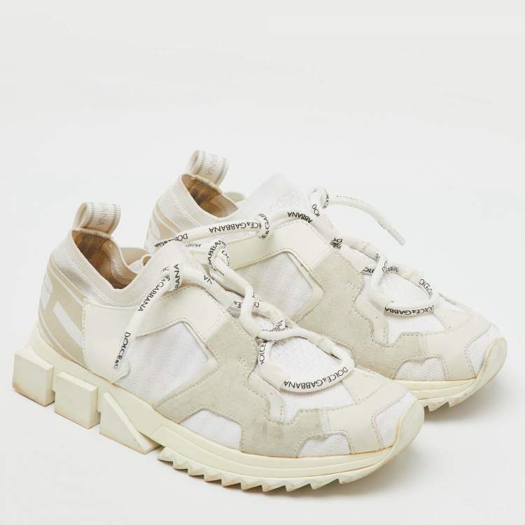 Pre Owned Dolce & Gabbana White Knit Fabric, Suede and Leather Sorrento Lace Up Sneakers Size 36