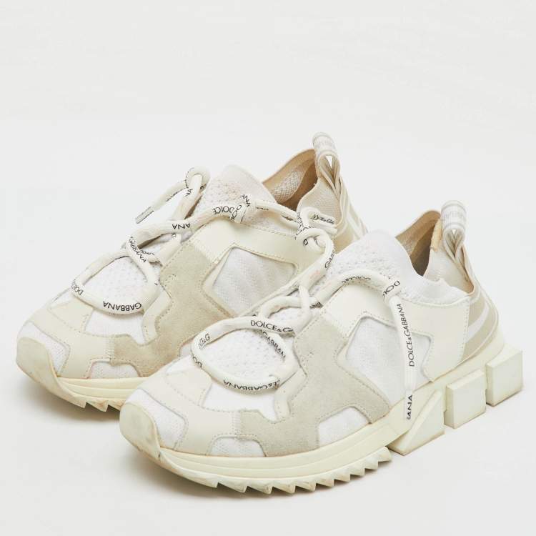 Pre Owned Dolce & Gabbana White Knit Fabric, Suede and Leather Sorrento Lace Up Sneakers Size 36