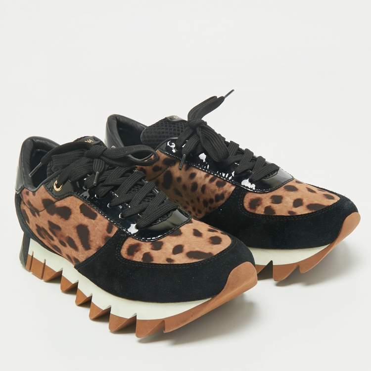 Pre Owned Dolce & Gabbana Multicolor Leopard Print Leather and Suede Running Low Top Sneakers Size 39.5