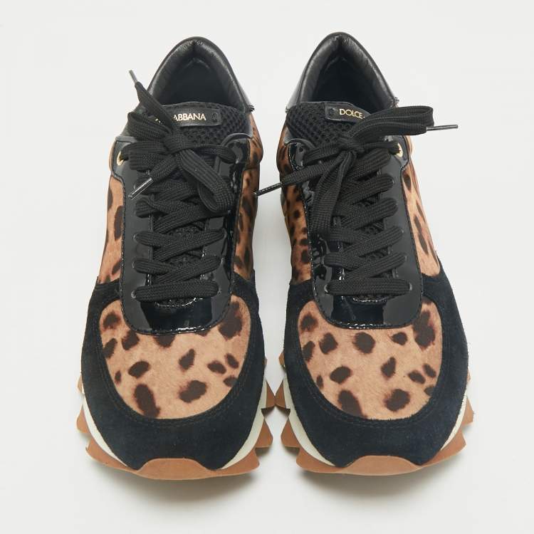 Pre Owned Dolce & Gabbana Multicolor Leopard Print Leather and Suede Running Low Top Sneakers Size 39.5