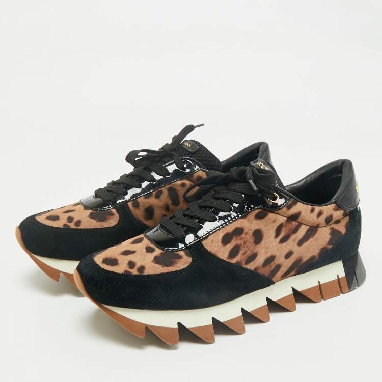 Pre Owned Dolce & Gabbana Multicolor Leopard Print Leather and Suede Running Low Top Sneakers Size 39.5
