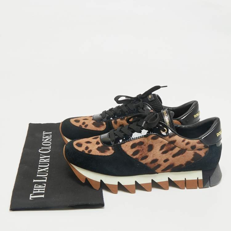Pre Owned Dolce & Gabbana Multicolor Leopard Print Leather and Suede Running Low Top Sneakers Size 39.5