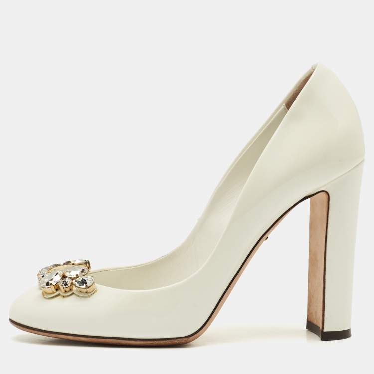 Pre Owned Dolce & Gabbana White Patent Leather Crystal Embellished Block Heel Pumps Size 40