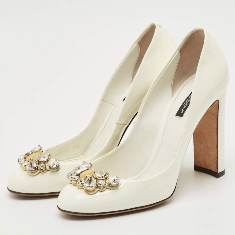 Pre Owned Dolce & Gabbana White Patent Leather Crystal Embellished Block Heel Pumps Size 40
