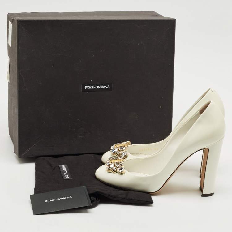 Pre Owned Dolce & Gabbana White Patent Leather Crystal Embellished Block Heel Pumps Size 40