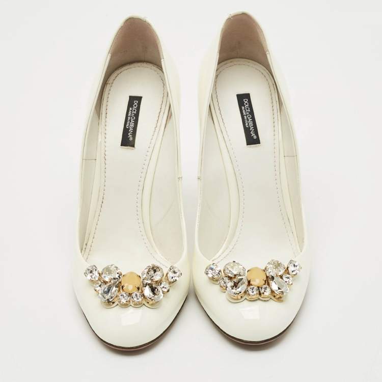 Pre Owned Dolce & Gabbana White Patent Leather Crystal Embellished Block Heel Pumps Size 40
