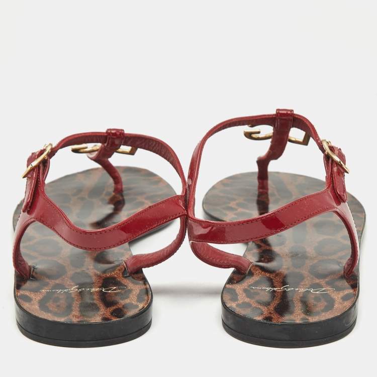 Pre Owned Dolce and Gabbana Red Patent Leather Jelly Bow Thong Flat Sandals Size 40