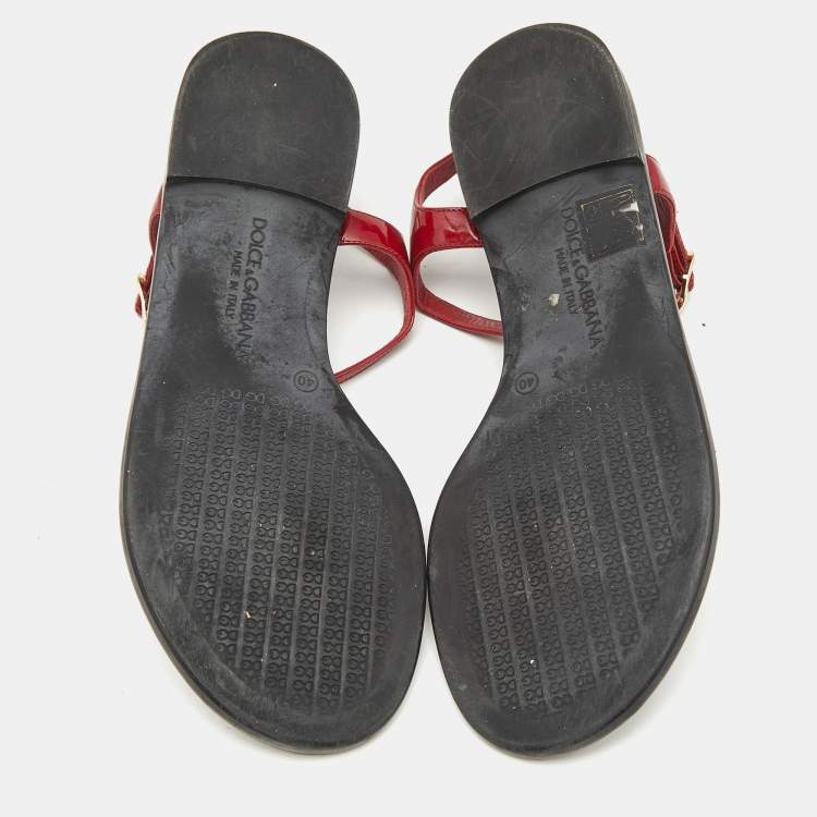 Pre Owned Dolce and Gabbana Red Patent Leather Jelly Bow Thong Flat Sandals Size 40