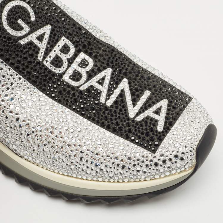 Pre Owned Dolce & Gabbana Silver/Black Fabric Crystal Embellished Sorrento Sneakers Size 41