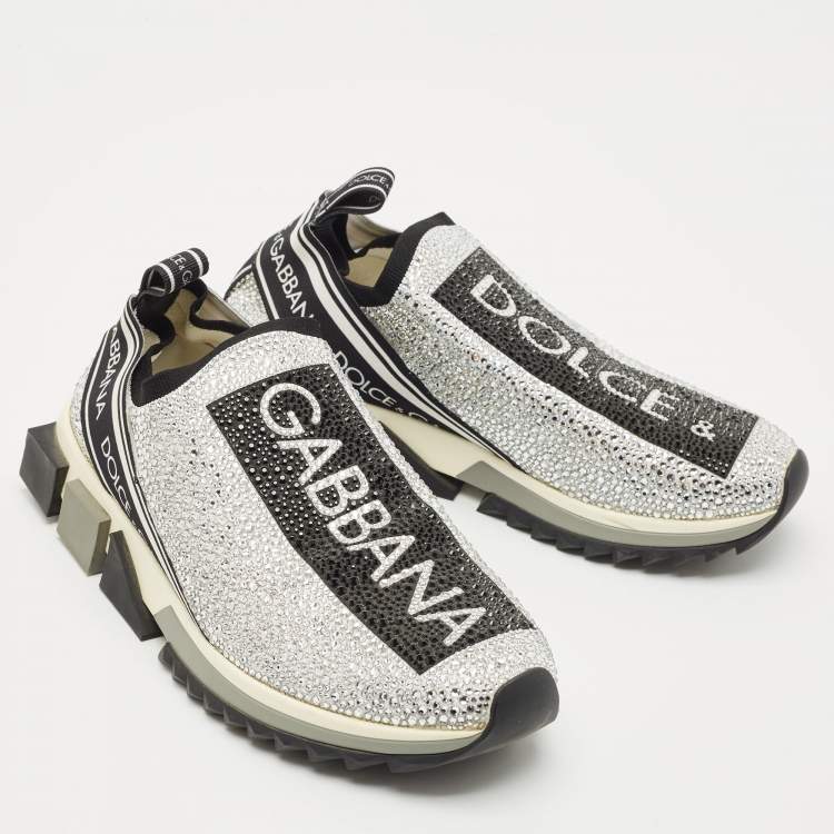 Pre Owned Dolce & Gabbana Silver/Black Fabric Crystal Embellished Sorrento Sneakers Size 41