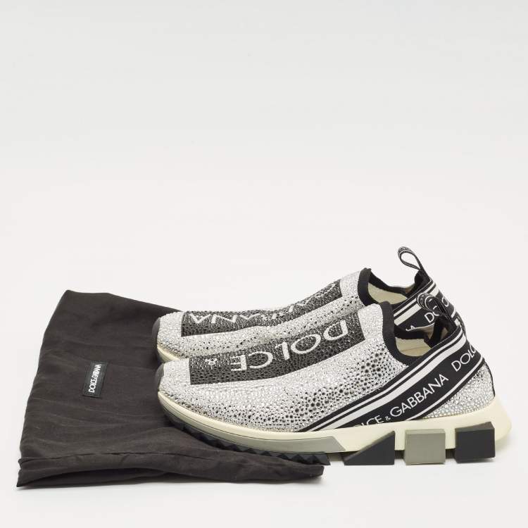 Pre Owned Dolce & Gabbana Silver/Black Fabric Crystal Embellished Sorrento Sneakers Size 41