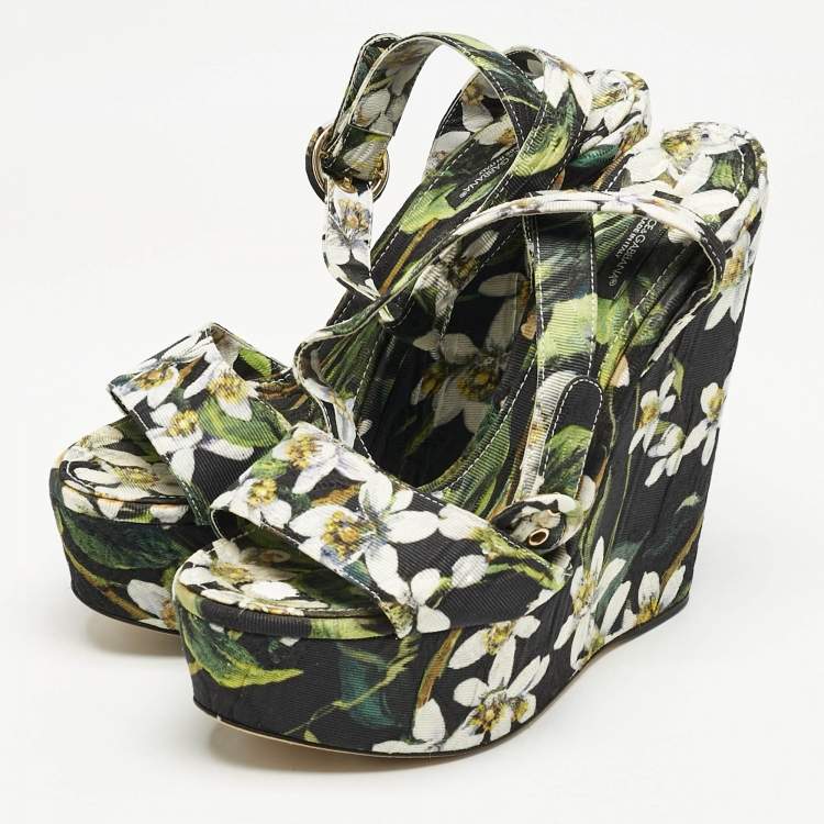 Pre Owned Dolce & Gabbana Multicolor Floral Print Fabric Wedge Sandals Size 39