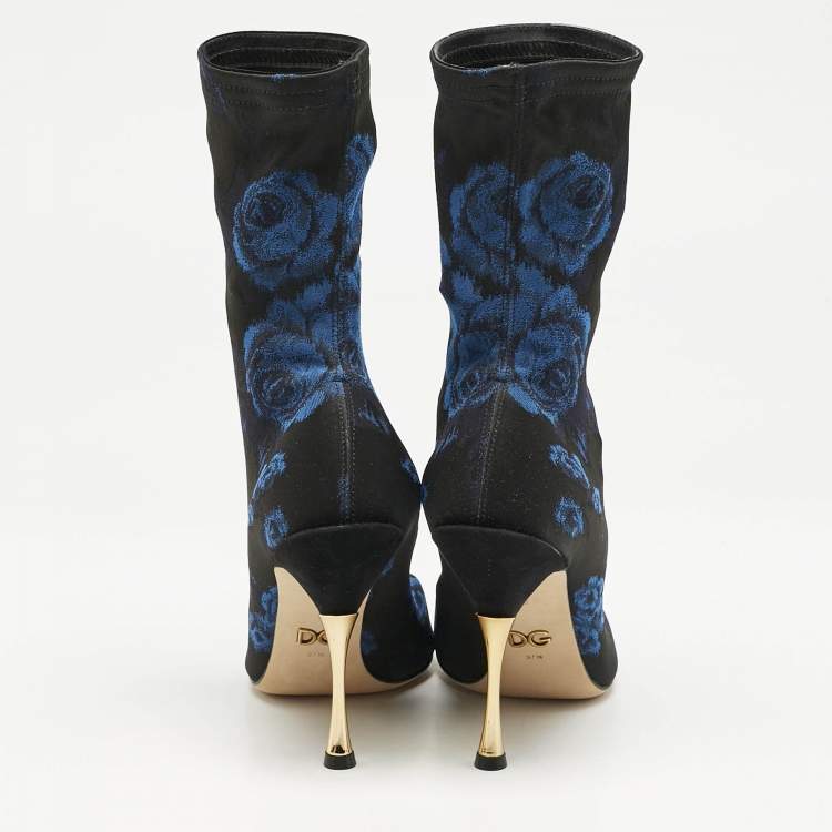 Pre Owned Dolce & Gabbana Black/Blue Knit Fabric Rose Gardinale Ankle Length Boots Size 37.5