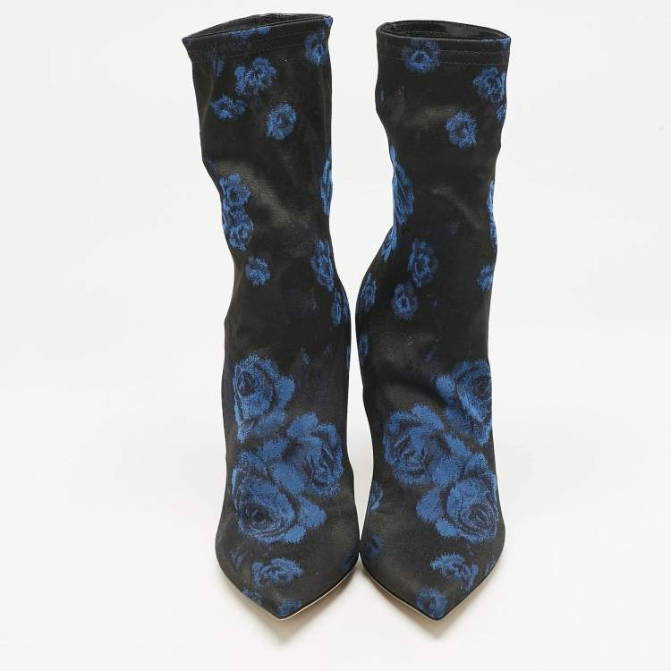 Pre Owned Dolce & Gabbana Black/Blue Knit Fabric Rose Gardinale Ankle Length Boots Size 37.5