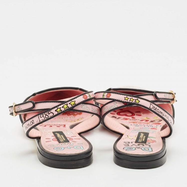 Pre Owned Dolce & Gabbana Multicolor Graffiti Leather Flat Sandals Size 36.5
