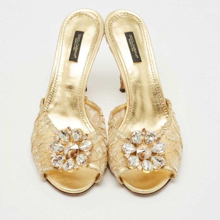 Pre Owned Dolce & Gabbana Gold Lace And Mesh Crystal Embellished Keira Sandals Size 41
