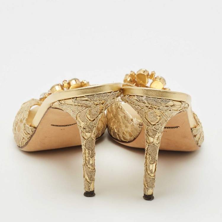 Pre Owned Dolce & Gabbana Gold Lace And Mesh Crystal Embellished Keira Sandals Size 41