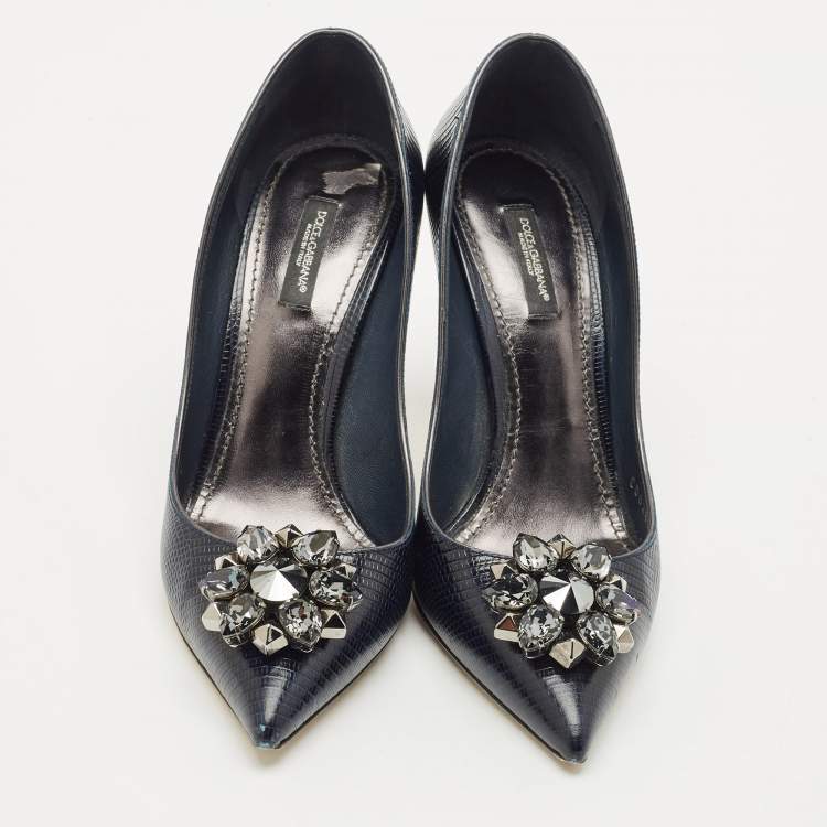 Pre Owned Dolce & Gabbana Navy Blue Lizard Embossed Leather Bellucci Crystal Embellished Pumps Size 40