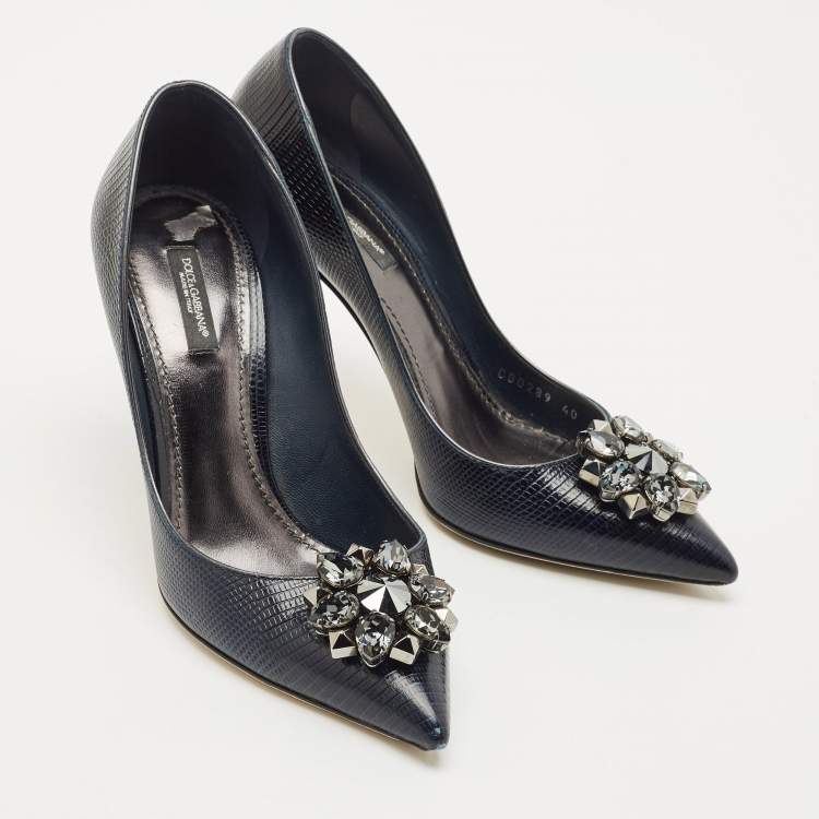 Pre Owned Dolce & Gabbana Navy Blue Lizard Embossed Leather Bellucci Crystal Embellished Pumps Size 40