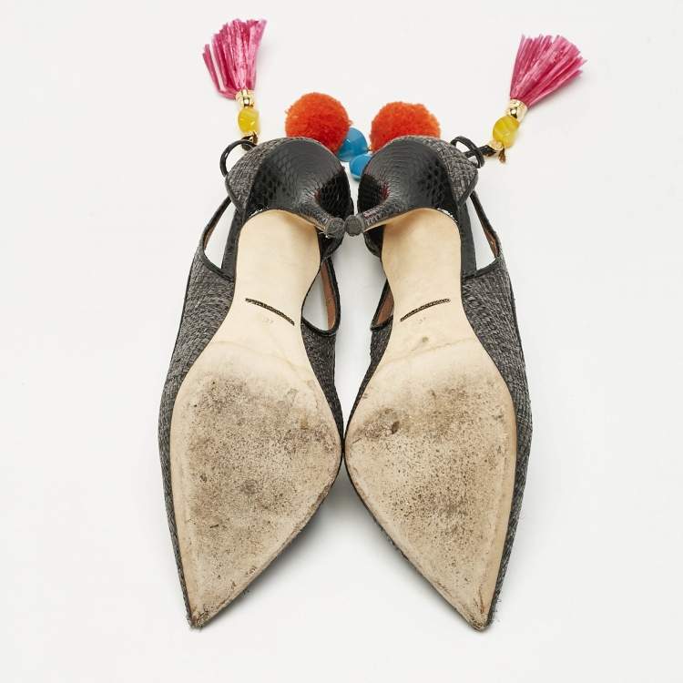 Pre Owned Dolce & Gabbana Black Raffia Pom Pom Detail Tie Up Pumps Size 37