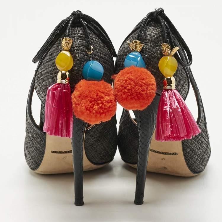 Pre Owned Dolce & Gabbana Black Raffia Pom Pom Detail Tie Up Pumps Size 37