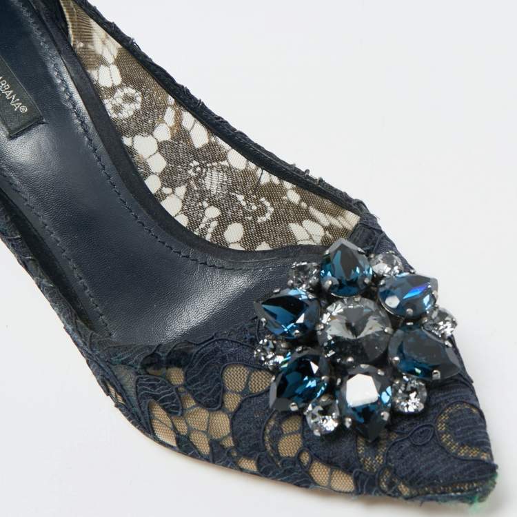 Pre Owned Dolce & Gabbana Navy Blue Lace and Mesh Bellucci Pumps Size 40 