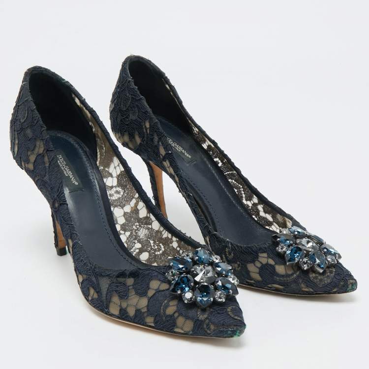 Pre Owned Dolce & Gabbana Navy Blue Lace and Mesh Bellucci Pumps Size 40 