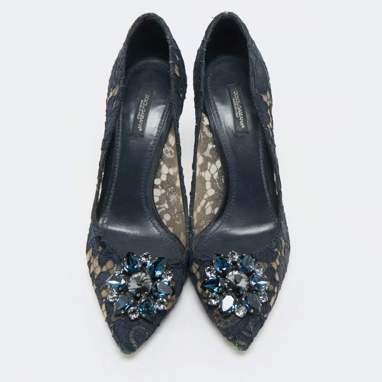 Pre Owned Dolce & Gabbana Navy Blue Lace and Mesh Bellucci Pumps Size 40 