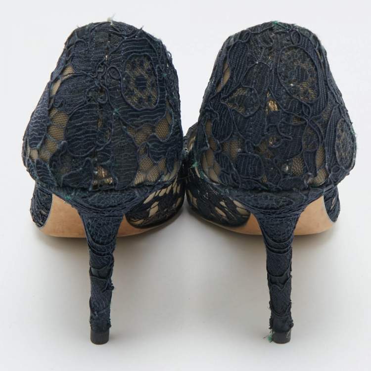 Pre Owned Dolce & Gabbana Navy Blue Lace and Mesh Bellucci Pumps Size 40 