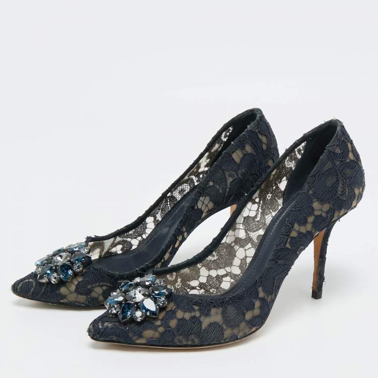 Pre Owned Dolce & Gabbana Navy Blue Lace and Mesh Bellucci Pumps Size 40 