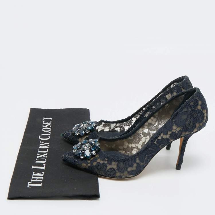 Pre Owned Dolce & Gabbana Navy Blue Lace and Mesh Bellucci Pumps Size 40 
