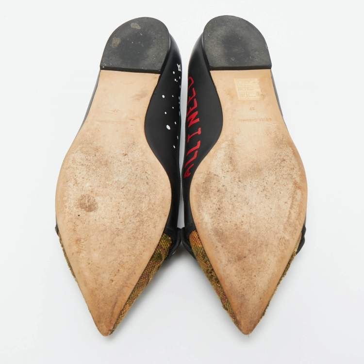 Pre Owned Dolce & Gabbana Black/Gold Leather and Canvas Crystal Embellished Ballet Flat Size 37