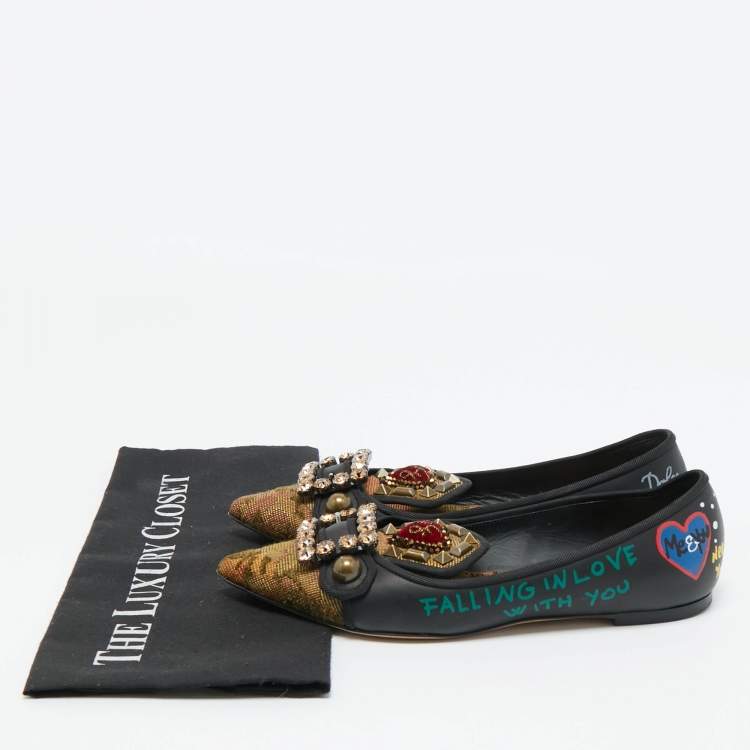 Pre Owned Dolce & Gabbana Black/Gold Leather and Canvas Crystal Embellished Ballet Flat Size 37