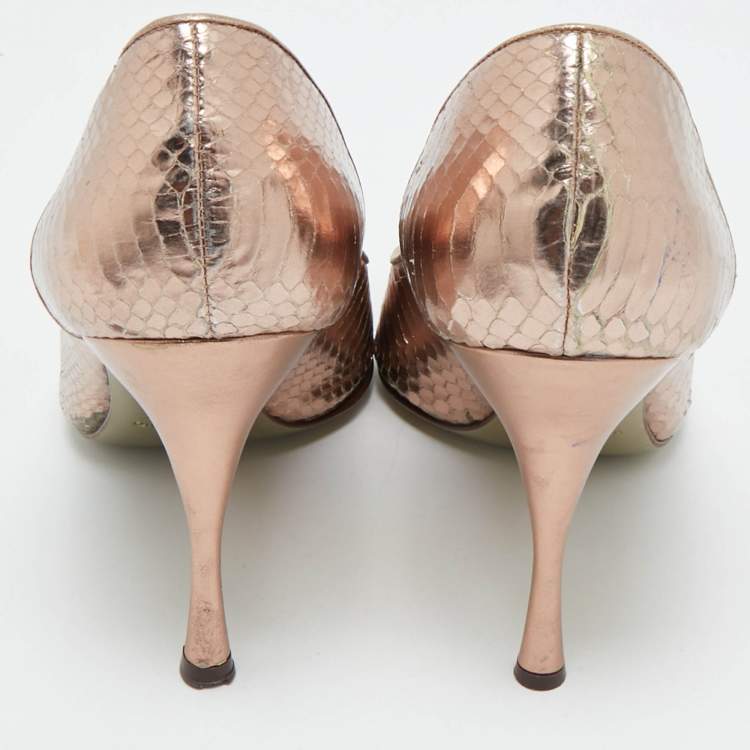 Pre Owned Dolce & Gabbana Rose Gold Python Embossed Leather Bow Peep Toe Pumps Size 38