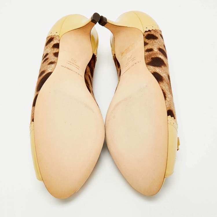 Pre Owned Dolce & Gabbana Brown Leopard Print Canvas Patent Leather Peep Toe Pumps Size 36