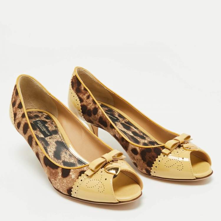 Pre Owned Dolce & Gabbana Brown Leopard Print Canvas Patent Leather Peep Toe Pumps Size 36