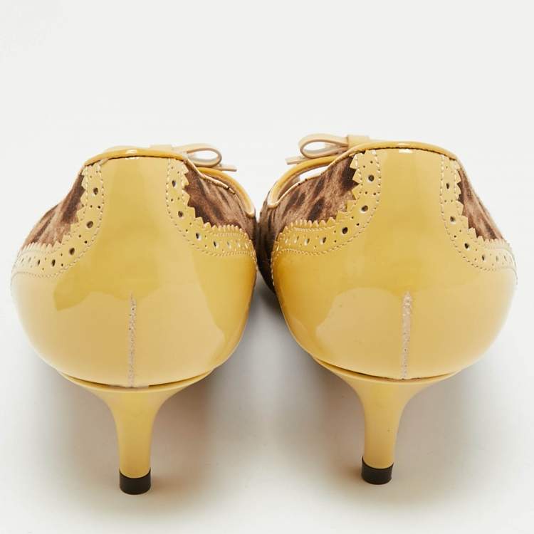 Pre Owned Dolce & Gabbana Brown Leopard Print Canvas Patent Leather Peep Toe Pumps Size 36