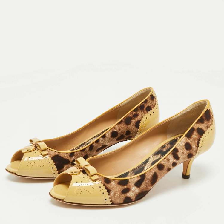 Pre Owned Dolce & Gabbana Brown Leopard Print Canvas Patent Leather Peep Toe Pumps Size 36
