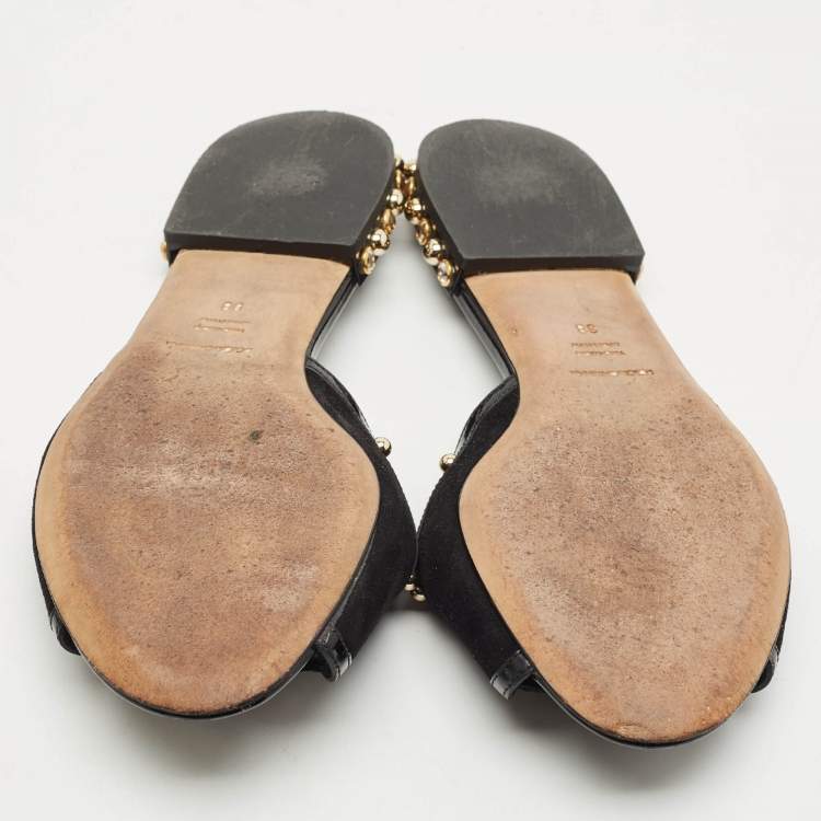 Pre Owned Dolce & Gabbana Black Suede DG Pearl Studded Flat Slide Sandals Size 38