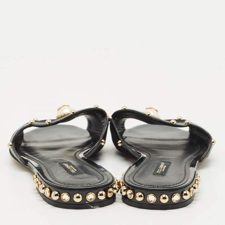 Pre Owned Dolce & Gabbana Black Suede DG Pearl Studded Flat Slide Sandals Size 38