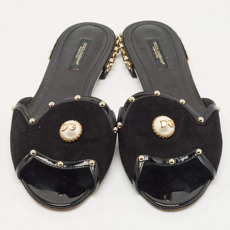 Pre Owned Dolce & Gabbana Black Suede DG Pearl Studded Flat Slide Sandals Size 38