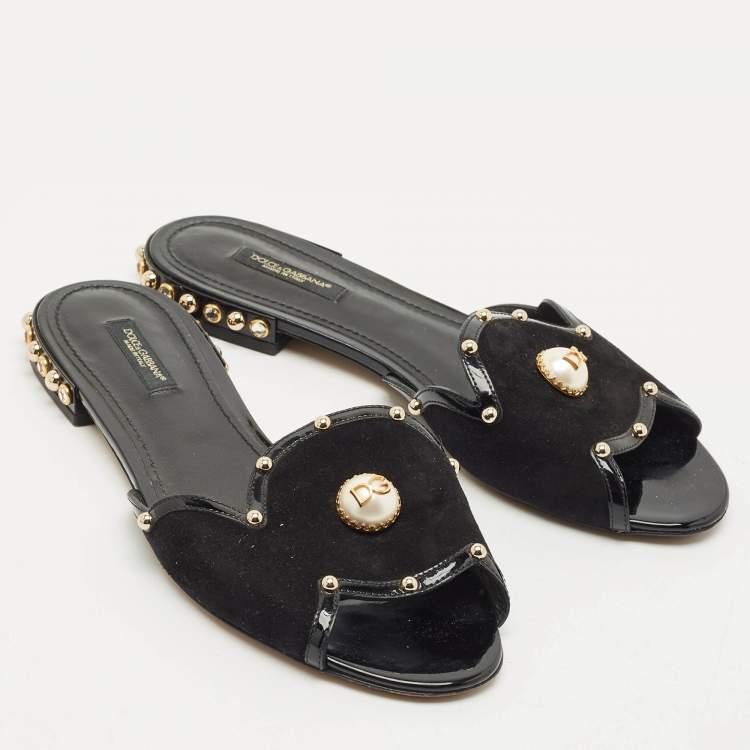Pre Owned Dolce & Gabbana Black Suede DG Pearl Studded Flat Slide Sandals Size 38