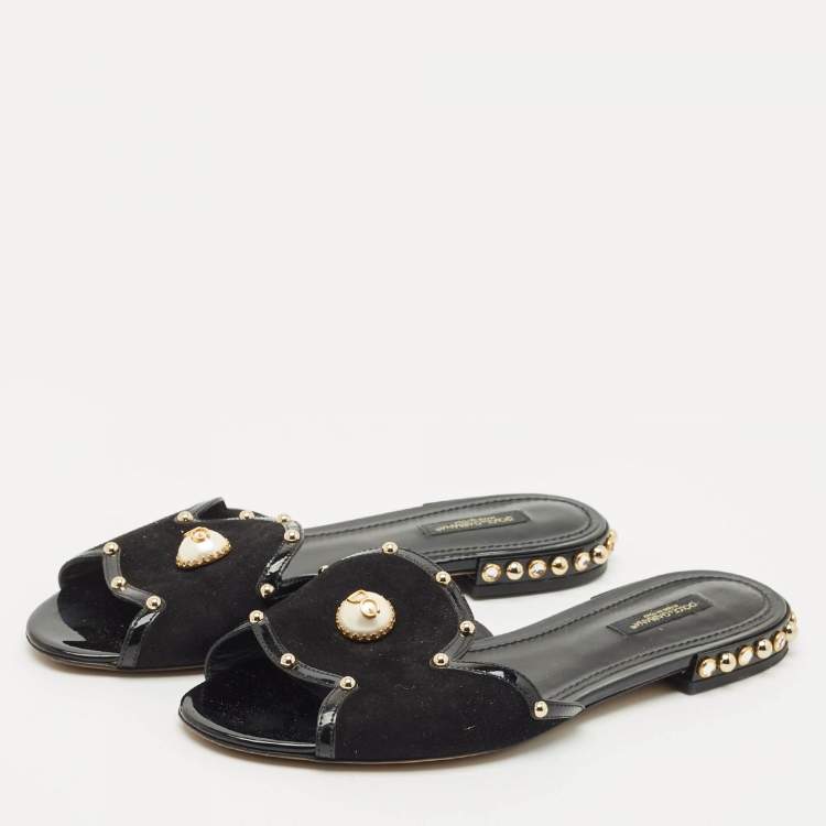 Pre Owned Dolce & Gabbana Black Suede DG Pearl Studded Flat Slide Sandals Size 38