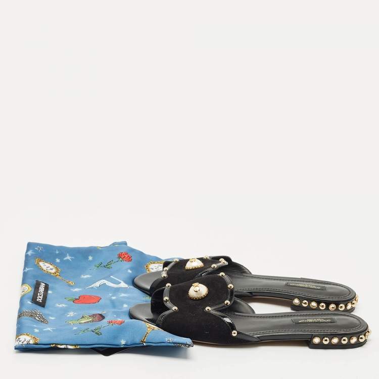 Pre Owned Dolce & Gabbana Black Suede DG Pearl Studded Flat Slide Sandals Size 38