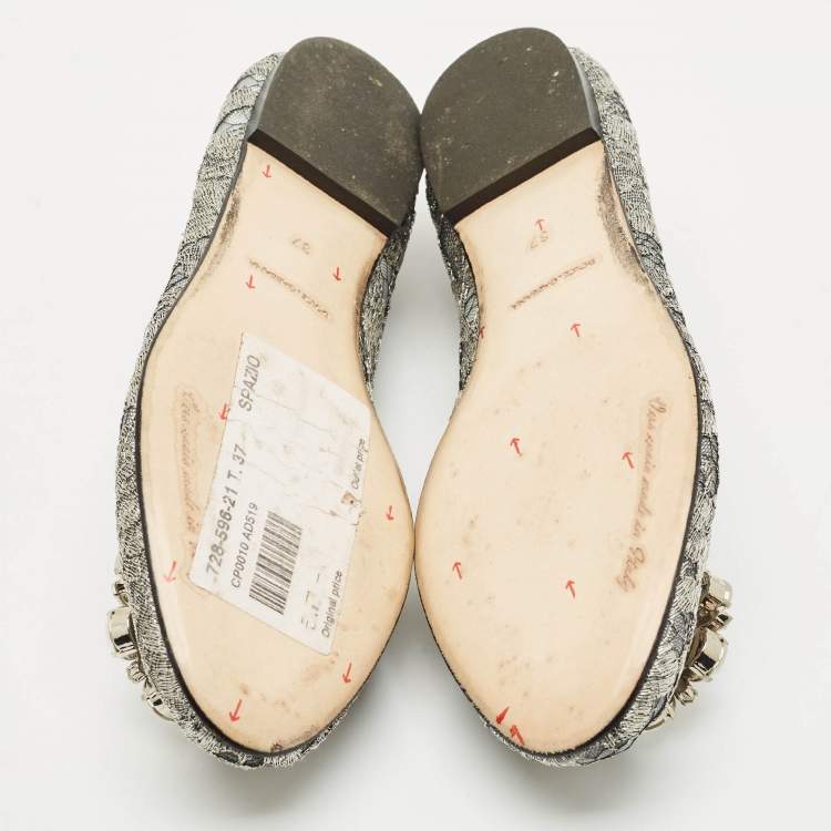 Pre Owned Dolce & Gabbana Silver Lace Crystal Embellished Taormina Ballet Flats Size 37