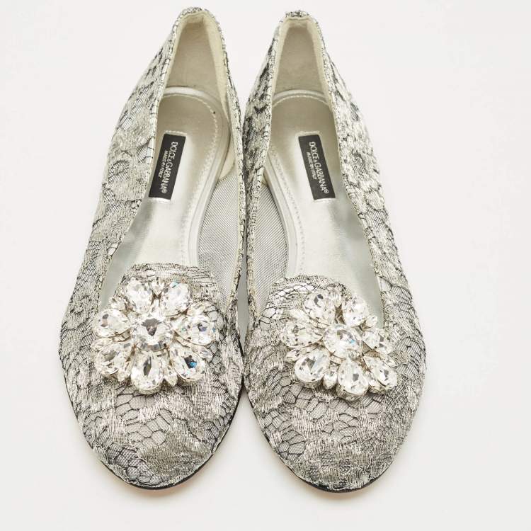 Pre Owned Dolce & Gabbana Silver Lace Crystal Embellished Taormina Ballet Flats Size 37
