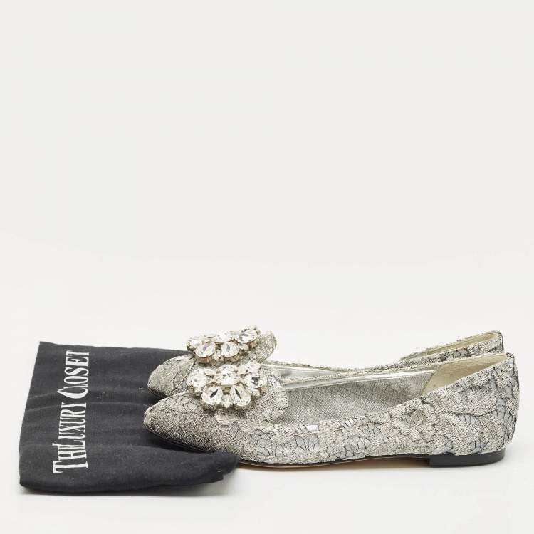 Pre Owned Dolce & Gabbana Silver Lace Crystal Embellished Taormina Ballet Flats Size 37