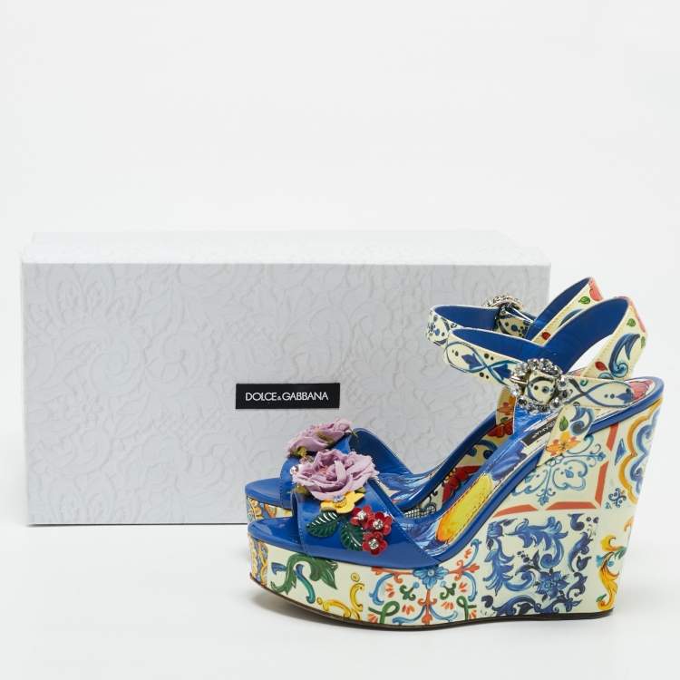 Pre Owned Dolce & Gabbana Multicolor Floral Patent Leather Wedge Platform Ankle Strap Sandals Size 37