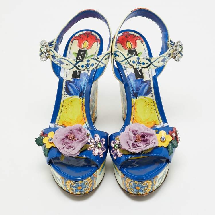 Pre Owned Dolce & Gabbana Multicolor Floral Patent Leather Wedge Platform Ankle Strap Sandals Size 37