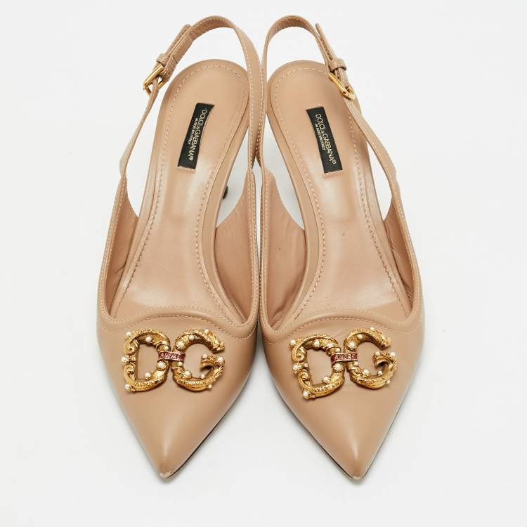 Pre Owned Dolce & Gabbana Beige Leather DG Amore Logo Embellished Slingback Sandals Size 39.5